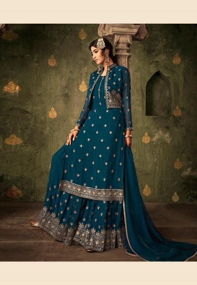 Blue georgette embroidered sharara suit with jacket  70005